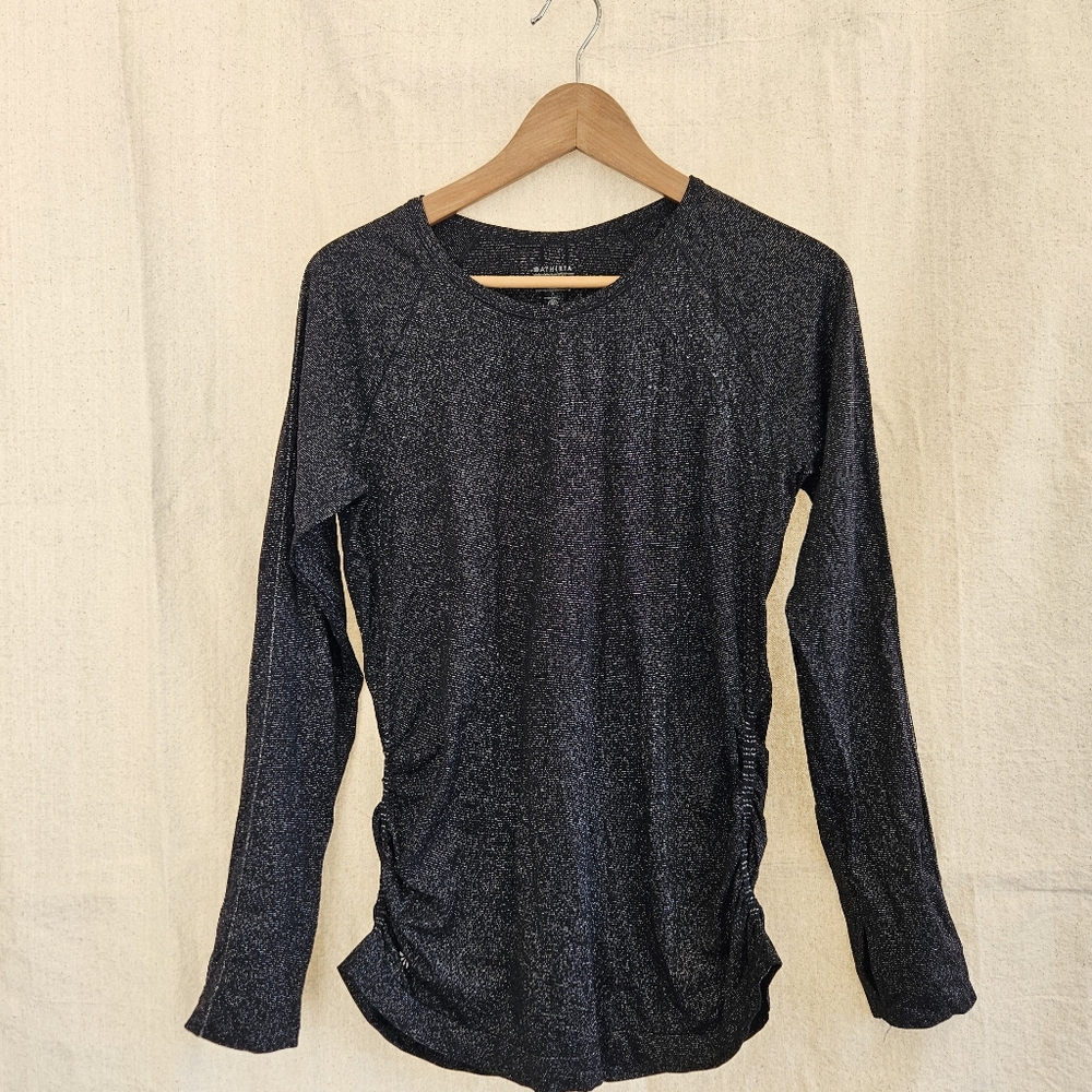 ATHLETA Speedlight Ruched Black & Silver  Long Sleeve Top Large